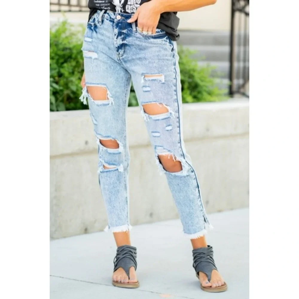 KANCAN Medium Wash Amy High Rise Mom Fit Distressed Punk Rock Ladies Jeans, 9/28